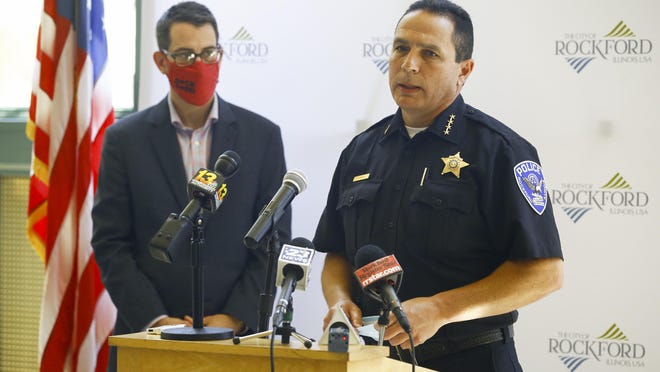 A formal complaint about comments made by Rockford police Chief Dan O'Shea, center, has been filed with the Rockford Board of Fire and Police Commissioners. Mayor Tom McNamara has said he disagreed with the comments.