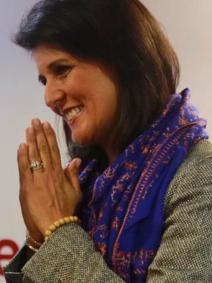 Governor of South Carolina Nikki Haley greets Indian officials at a business meeting in Mumbai, India, Wednesday, Nov. 19, 2014. Haley is on a 10-day trip to India with plans to boost foreign direct investment, jobs and tourism in her state.