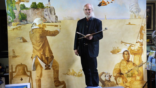 Little Falls artist Charles Kapsner has been working on the third of five large paintings depicting the five branches of the American military. This painting has a U.S. Coast Guard theme.