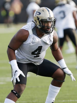 Linebacker Ja'Whaun Bentley during spring football practice Tuesday, March 8, 2016, at Purdue University. 