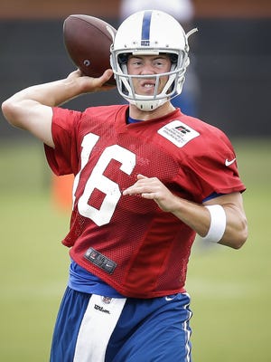Indianapolis Colts quarterback Scott Tolzien (16) throws during the Indianapolis Colts NFL training camp at Anderson University on July 28, 2016.