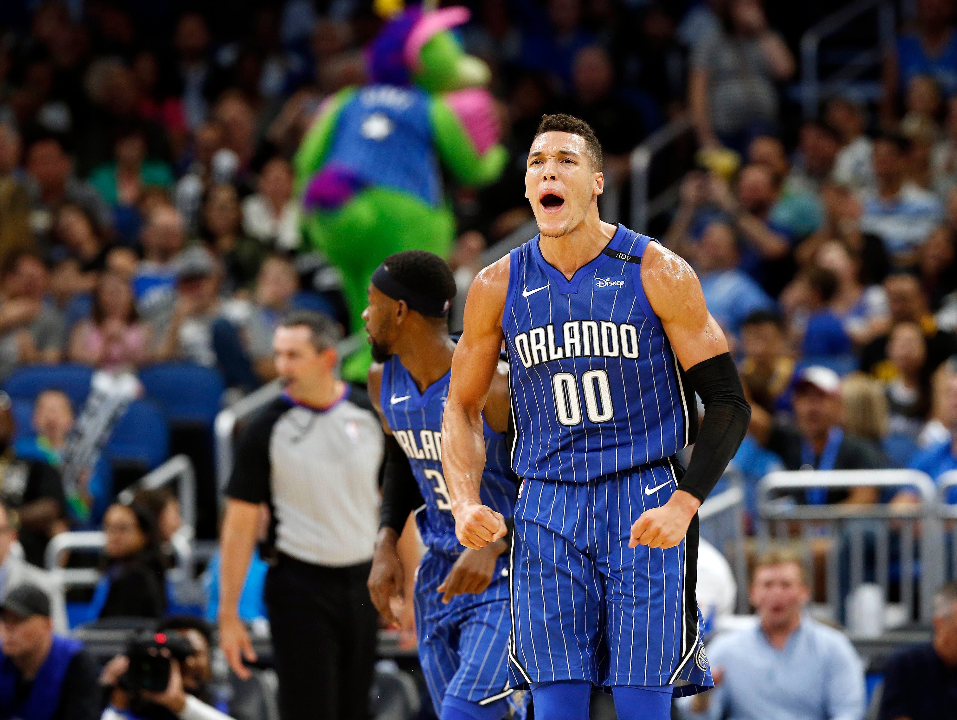 Orlando Magic forward Aaron Gordon (00) celebrates after making a three-pointer against the San Antonio Spurs.