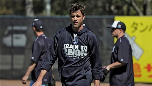New York Yankees pitcher Andrew Miller during a spring training baseball workout Friday, Feb. 19, 2016, in Tampa, Fla. (AP Photo/Chris O'Meara) 