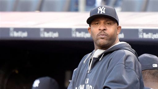 New York Yankees pitcher CC Sabathia looks on before a baseball game against the Minnesota Twins Monday, Aug 17, 2015, at Yankee Stadium in New York.