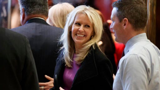 FILE - This Dec. 15, 2016 file photo shows Monica Crowley in the lobby of Trump Tower in New York. The publisher of Crowley's "What the (Bleep) Just Happened?" said Tuesday, Jan. 10, 2017, it is halting sales of the book, pending the "opportunity" for the aide to President-elect Donald Trump to revise her text. She is accused of plagiarizing numerous passages in the 2012 book.