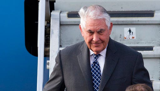 US Secretary of State Rex Tillerson steps out of a plane upon arrival in Moscow's Vnukovo airport, Russia, Tuesday, April 11, 2017. Tillerson’s statement Tuesday that the reign of President Bashar Assad’s family “is coming to an end” suggests Washington is taking a much more aggressive approach about the Syrian leader. Taking him out of the equation without a clear transition plan would be a major gamble.