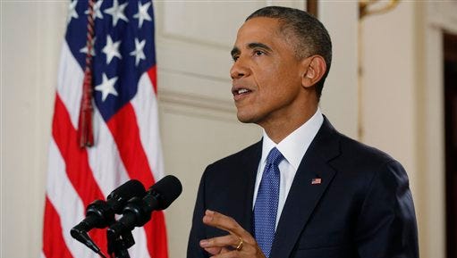 President Barack Obama announces executive actions on immigration during a nationally televised address from the White House in Washington, Thursday, Nov. 20, 2014. Obama outlined a plan on Thursday to relax U.S. immigration policy, affecting as many as 5 million people. (AP Photo/Jim Bourg, Pool)