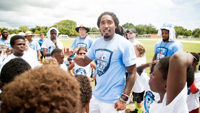 NFL player Tre Boston leads his football camp on Saturday at North Fort Myers High School. More than 200 athletes participated in the inaugural camp presented by the Tre Boston Beyond Belief Foundation. Dozens of coaches and volunteers helped Boston guide the athletes through NFL styled drills and activities.