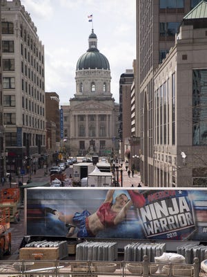 The under-construction American Ninja Warrior, an obstacle course-style competition that will be filmed on Monument Circle for the second time, Indianapolis, Wednesday, April 25, 2018. The NBC show, which filmed in Indy in 2016, invites people to try their hand at a number of different obstacles that test their balance, speed and strength.