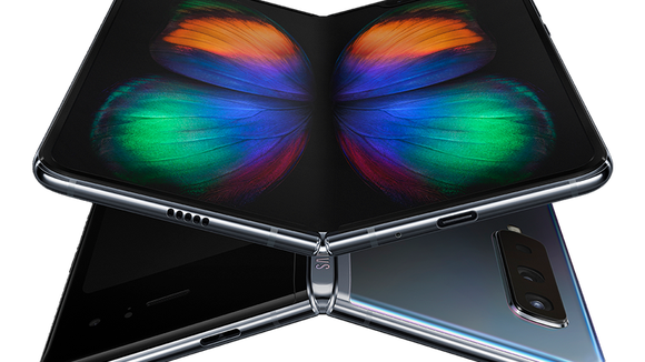 Two Galaxy Fold devices folded at an angle