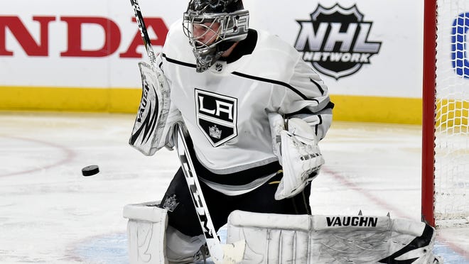 Los Angeles Kings goalie Jack Campbell defends against the Vegas Golden Knights during the second period of an NHL hockey game Tuesday, Feb. 27, 2018, in Las Vegas. (AP Photo/David Becker)