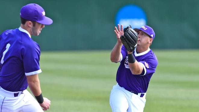 Spencer Goodwin catches a fly ball. Goodwin and the Northwestern State Demons lost at Oklahoma State on Saturday.
