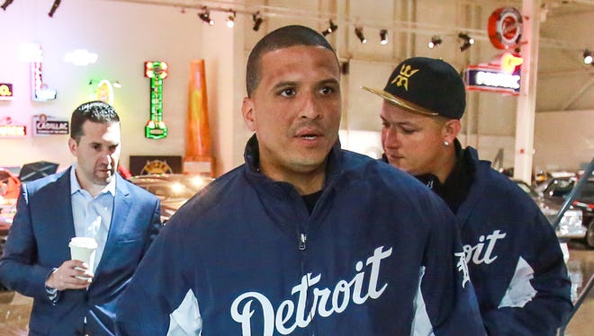 Detroit Tigers designated hitter Victor Martinez gets a tour of the GM Heritage Center in Sterling Heights on Jan. 22, 2016.