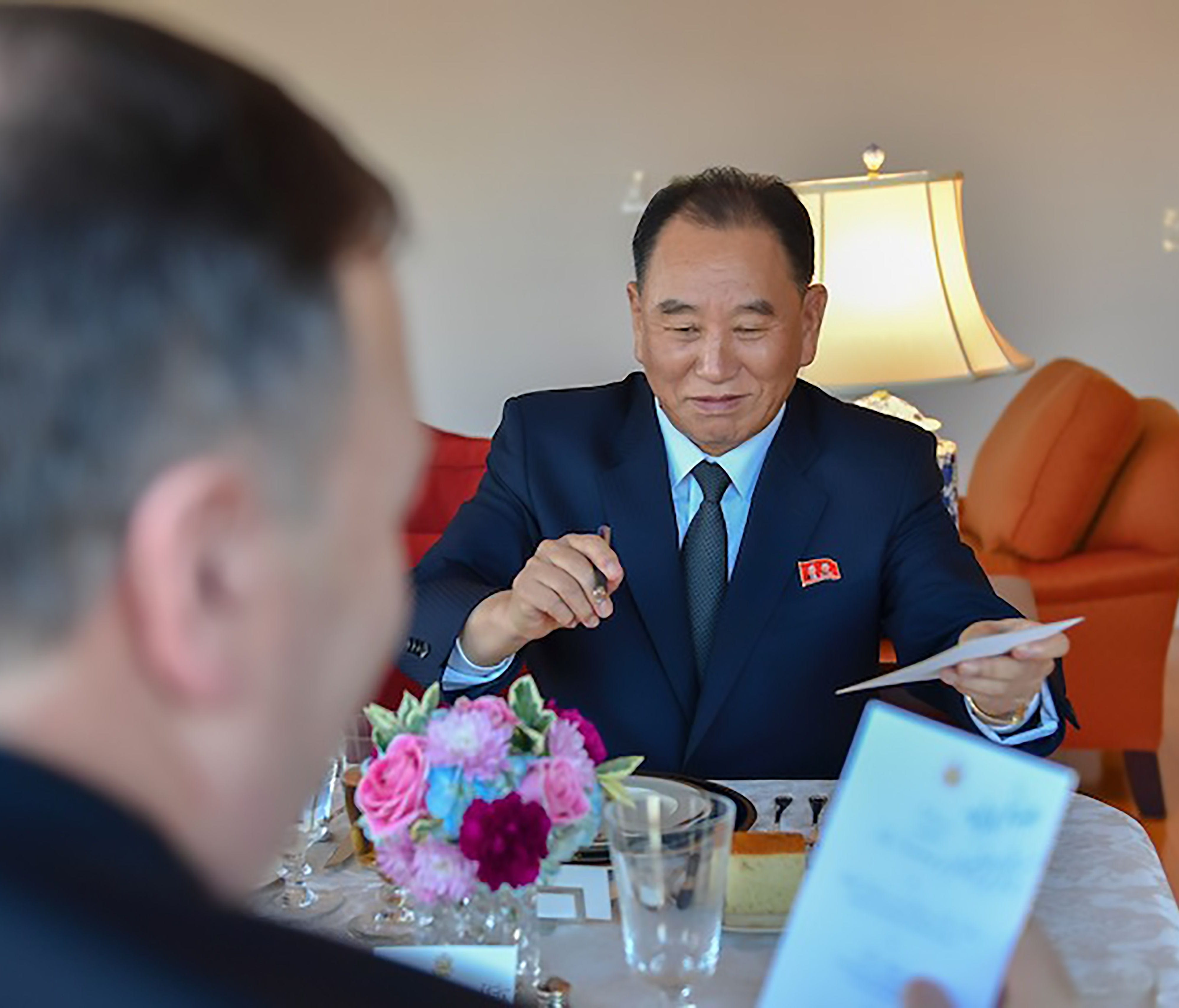 This handout photograph obtained courtesy of the Department of State shows Kim Yong Chol, Vice Chairman of North Korea, during his dinner meeting with Secretary of State Mike Pompeo on May 30, 2018 in New York.