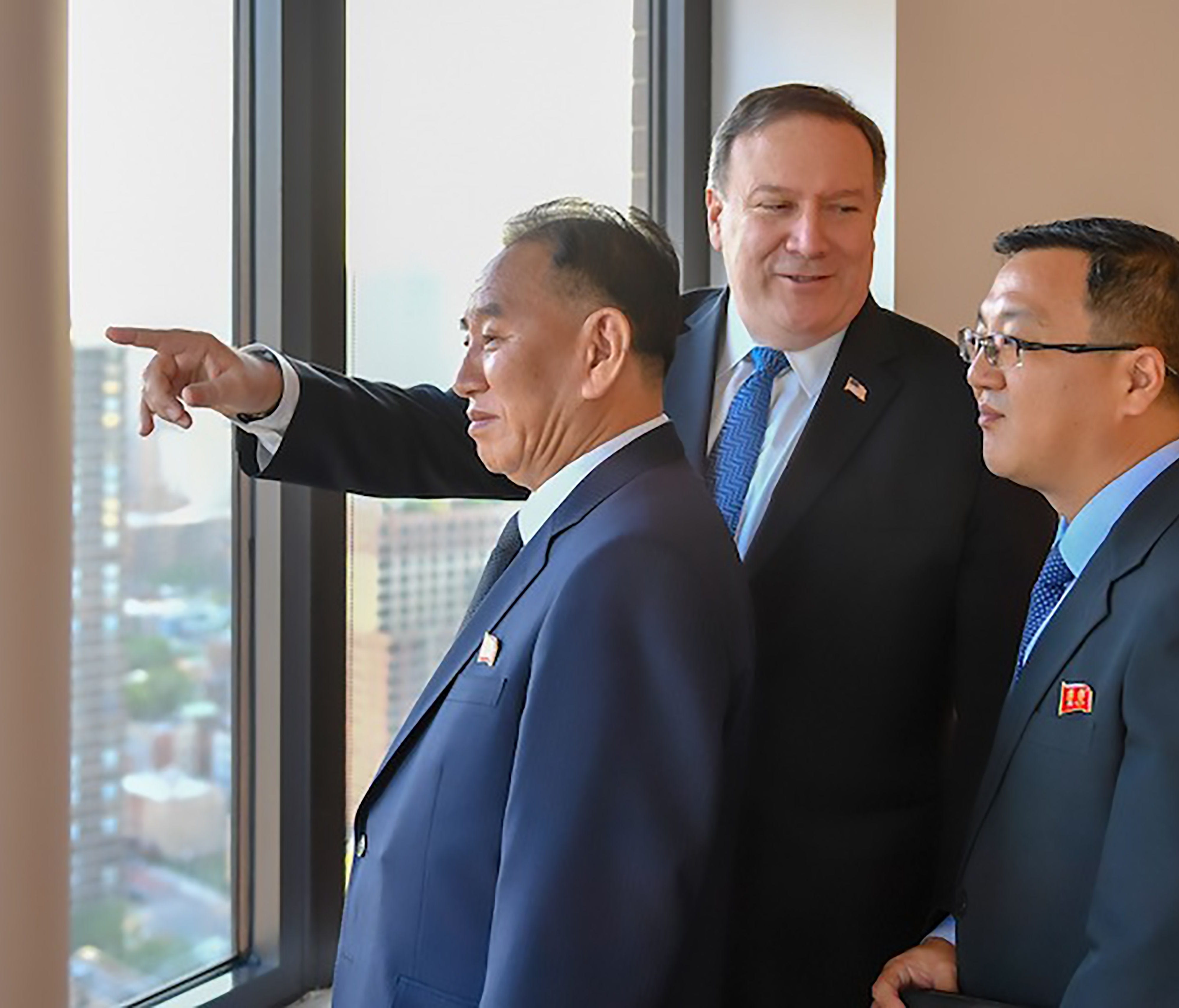 This handout photograph, obtained courtesy of the U.S. State Department, shows Kim Yong Chol (left), Vice Chairman of North Korea, during his meeting with Secretary of State Mike Pompeo (center).