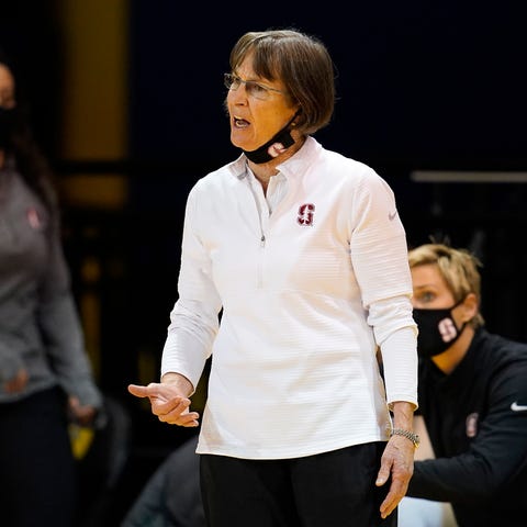 Stanford head coach Tara VanDerveer reacts toward 