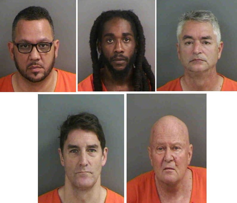 Six men, one not pictured, were charged with soliciting prostitution. Pictured clockwise starting from top left: Richard Cecil, 47, William Darmoh, 29, Howard Cornibe, 60, Peter Bradshaw, 70, Patrick Boll, 53. Not pictured is Jay B. Rosman.