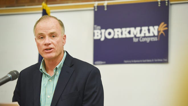 Democratic candidate for U.S. House Tim Bjorkman holds a press conference addressing the economic impact of tariffs on agricultural exports Thursday, July 12, at the Downtown Library in Sioux Falls.