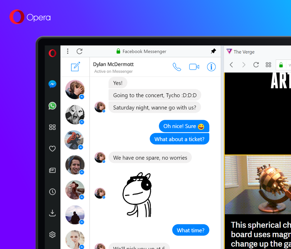 The Opera browser, codenamed Reborn, lets users access mobile messaging apps like WhatsApp and Facebook Messenger.