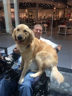 Cody Joss and service dog Mack hang out at Cool Springs Galleria during one of Mack's weekend furloughs from his training at Turney Center state prison in Only, Tenn.