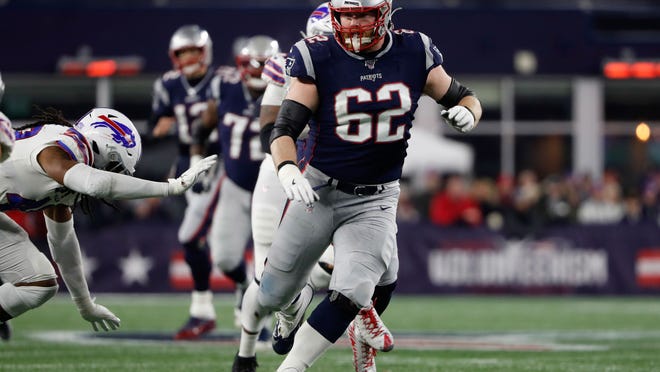 Dec 21, 2019; Foxborough, Massachusetts, USA; New England Patriots offensive guard Joe Thuney (62) looks to block against the Buffalo Bills during the second half at Gillette Stadium. Mandatory Credit: Winslow Townson-USA TODAY Sports