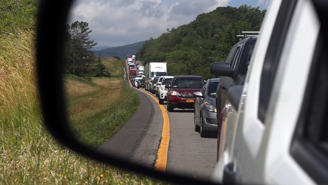 Traffic backs up on westbound Interstate 84 in Fishkill June 28,  2018.