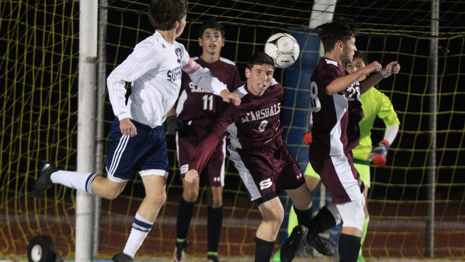 Scarsdale won 2-1 in a Class AA boys soccer quarterfinal at Suffern Oct. 24, 2016.
