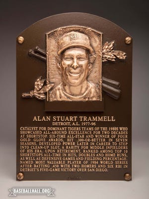 The Hall of Fame plaque for former Detroit Tigers shortstop Alan Trammell.