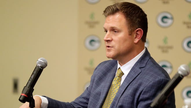 Brian Gutekunst addresses media after being named general manager for the Green Bay Packers on Jan. 8, 2018 at Lambeau Field.