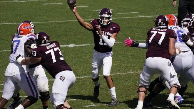Texas A&M quarterback Kellen Mond completed 25-of-35 passes for 338 yards and three touchdowns without turning the ball over against then third-ranked Florida to earn SEC Offensive Player of the Week honors Monday.