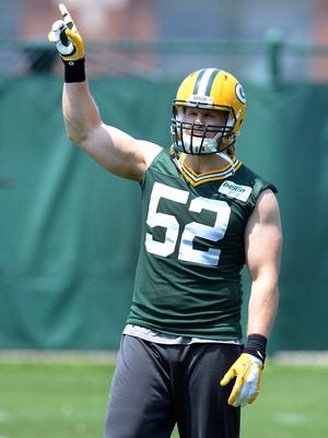 Green Bay Packers linebacker Clay Matthews during organized team activities May 28 at Clarke Hinkle Field.