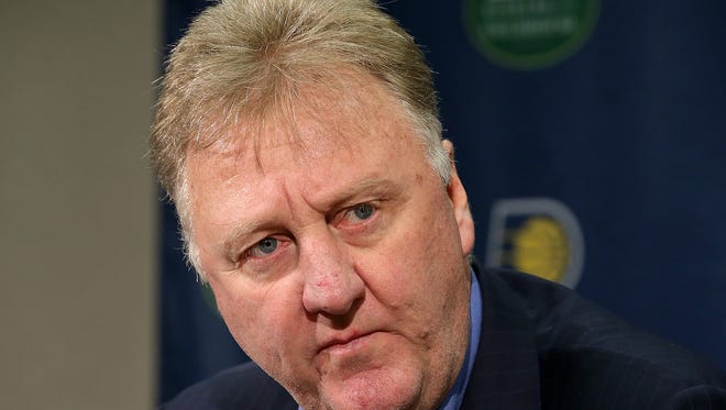 Indiana Pacers president Larry Bird fields questions from reporters during their season ending press conference Friday Bankers Life Fieldhouse. The Pacers finished the season 38-44 and missed the playoffs.