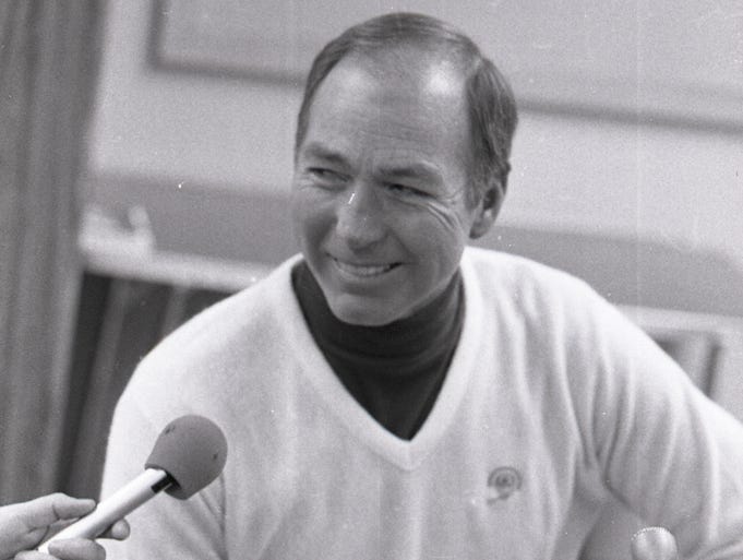Green Bay Packers coach Bart Starr talks to reporters after a 41-17 victory over the St. Louis Cardinals in an NFC first-round playoff game at Lambeau Field on Jan. 8, 1983.