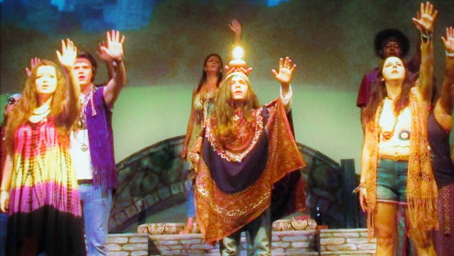 The cast of “Hair” includes, left to right and back to front, Autumn Calegari (Crissy), Matt Gaska (Berger), Kate Fabrizio (Leata), Chris DaCosta (Claude), Anthony Bennett (Hud) and Darla Foti (Sheila).