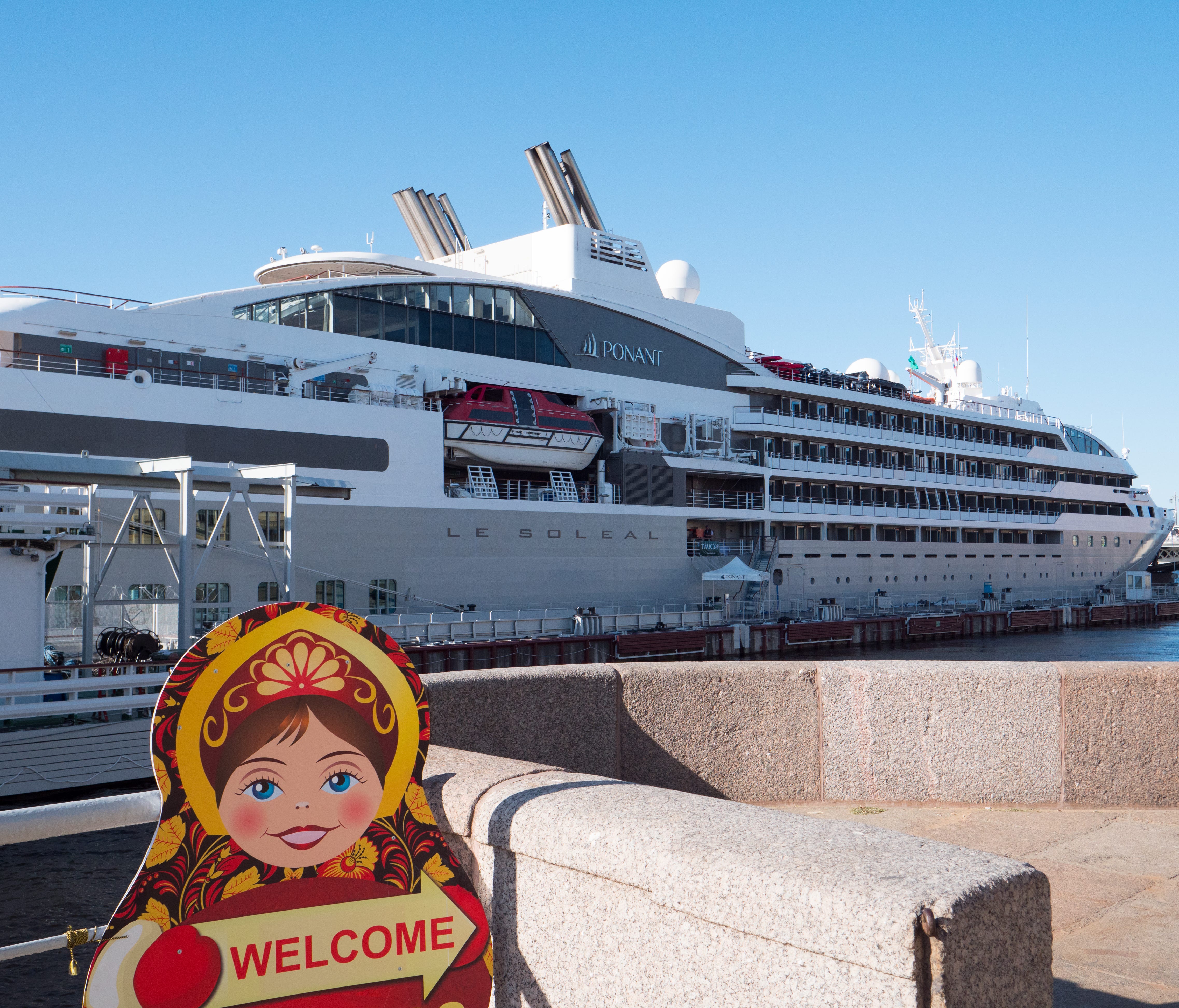 The small size of Ponant's Le Soleal allows the vessel to dock at the center of St. Petersburg along the Neva River.