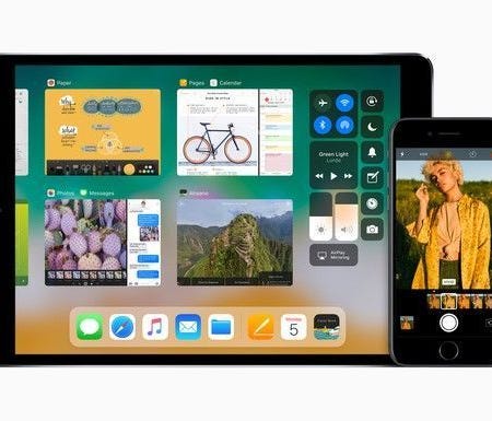 Apple's 10.5-inch iPad Pro on the left and an iPhone 7 on the right.