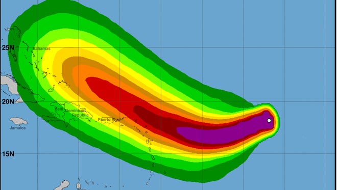 National Hurricane Center forecasts show Irma heading toward the Leeward Islands.