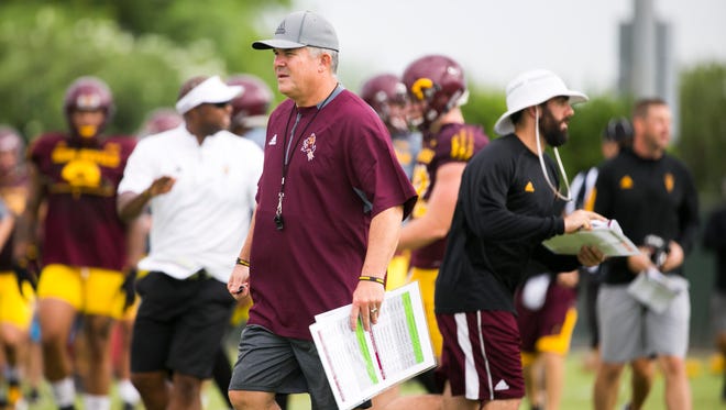 ASU head coach Todd Graham looks over his team at ASU's practice fields in Tempe, Ariz. on July 28, 2017.