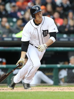 Tigers rightfielder Jim Aduduci bats during the third inning of the Tigers' 7-1 win over the Indians Monday at Comerica Park.