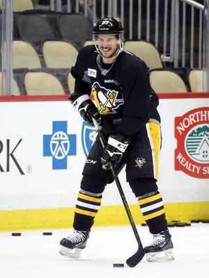 Pittsburgh Penguins center Sidney Crosby (87) during practice before the Stanley Cup Final.
