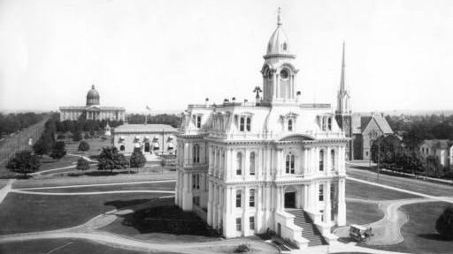 The Marion County Courthouse is seen in the foreground in a photo taken likely in 1904. The building was demolished in 1952.
