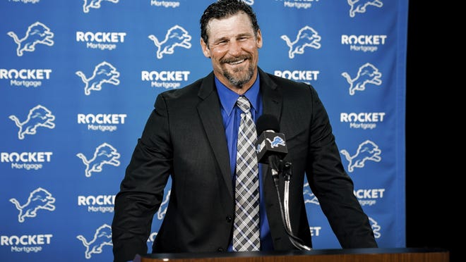 In this image provided by the Detroit Lions, Detroit Lions head coach Dan Campbell speaks during a news conference via video on his first day at the NFL football team's practice facility, Thursday, Jan. 21, 2021 in Allen Park, Mich. (Detroit Lions via AP).