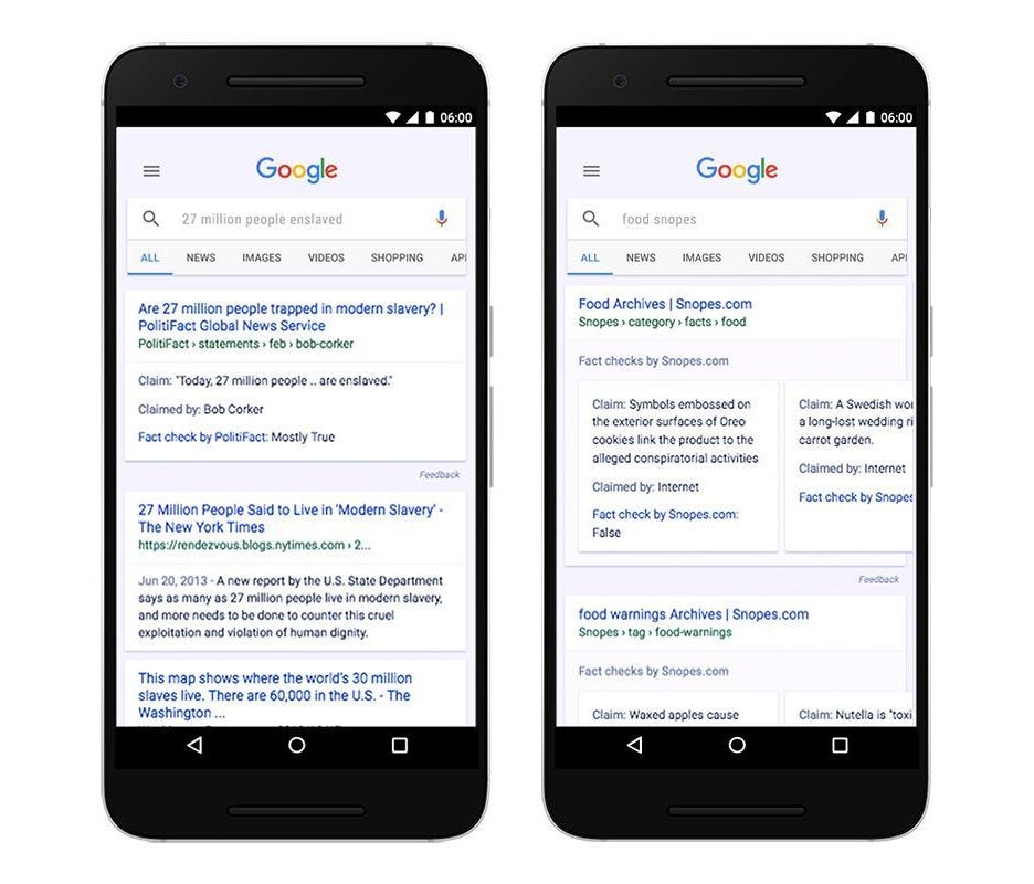 Examples of Google's fact check label, which was rolled out globally on April 7, 2017.