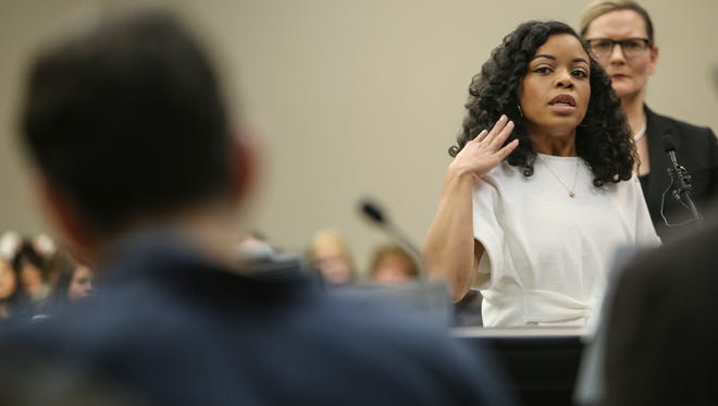 Tiffany Thomas Lopez addresses Larry Nassar Wednesday, Jan. 17, 2018, in Circuit Judge Rosemarie Aquilina's courtroom during the second day of victim impact statements regarding the former sports medicine doctor, who pled guilty to seven counts of sexual assault in Ingham County, and three in Eaton County.  Behind her is Assistant Prosecutor Angela Povilaitis.