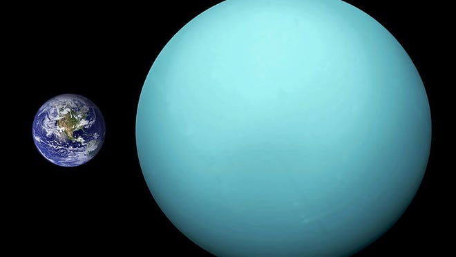 The planet Uranus, right, is compared in size with Earth. This image of Uranus was taken in 1986 by the Voyager 2 spacecraft.
