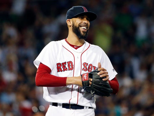 Boston Red Sox's David Price reacts after Jackie Bradley