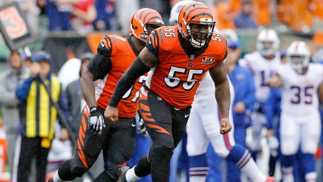 Cincinnati Bengals outside linebacker Vontaze Burfict (55) celebrates after brining down Buffalo Bills quarterback Tyrod Taylor (5) in the fourth quarter of the NFL Week 5 game between the Cincinnati Bengals and the Buffalo Bills at Paul Brown Stadium in downtown Cincinnati on Sunday, Oct. 8, 2017. The Bengals won 20-16 and head into the bye week with a 2-3 record.