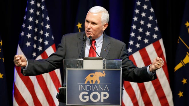 Indiana Gov. Mike Pence speaks during the Indiana Republican Party Spring Dinner on April 21, 2016, in Indianapolis.