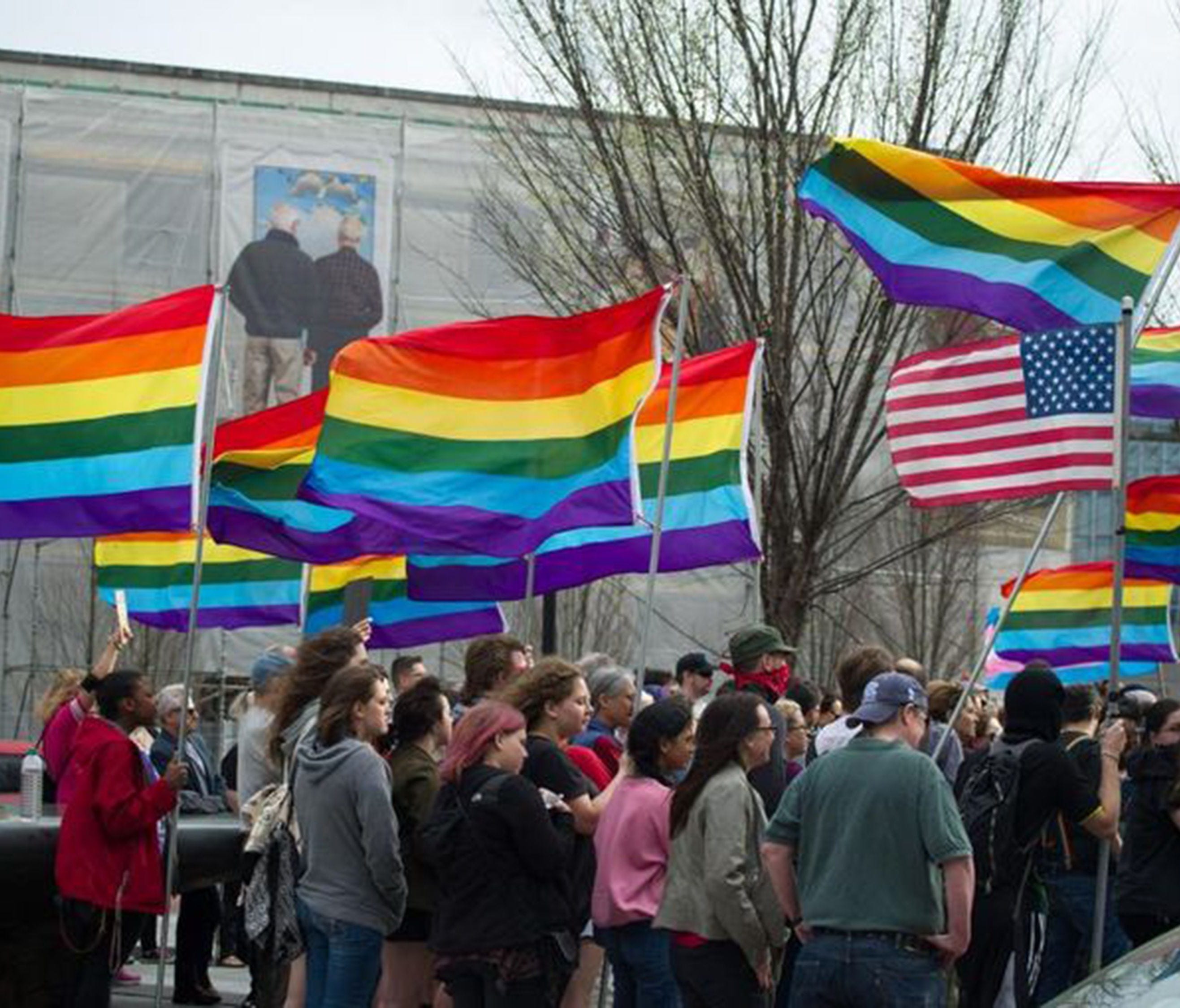Activists protest North Carolina's House Bill 2 in March 2016 in downtown Asheville, N.C.
