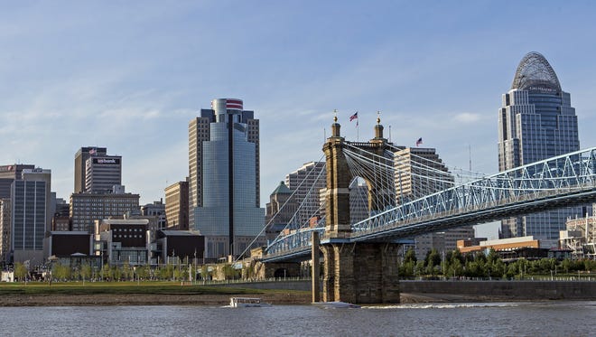 A view of downtown Cincinnati as seen from the banks of the Ohio River in Covington, Ky.